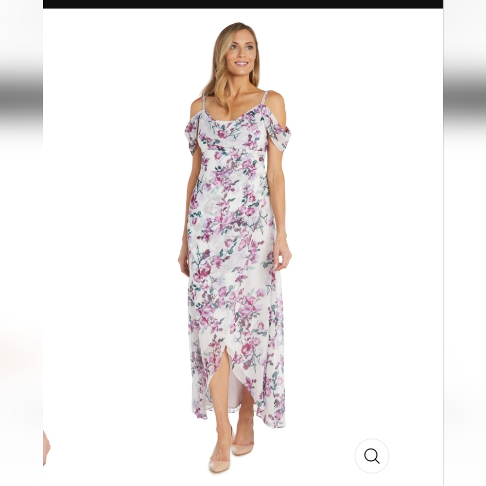 R&M Richards Rhinestone Off the Shoulder Floral Dress. White/ Purple/Green. 16 - Picture 16 of 16